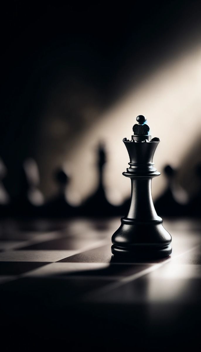A lone black king chess piece lit dramatically on the board