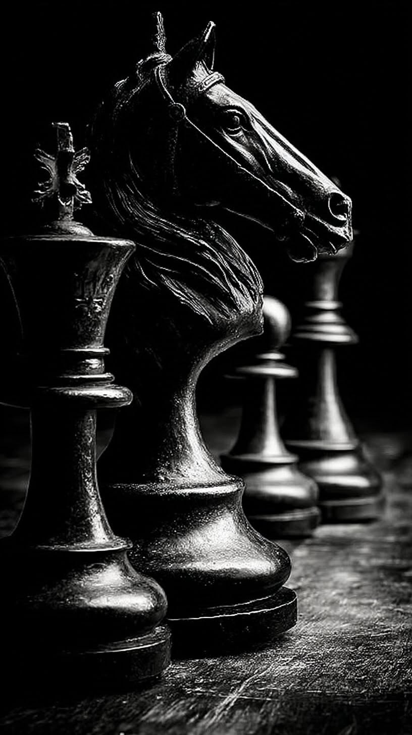 Dramatic close-up of carved chess knight and king pieces lined up on a wooden board