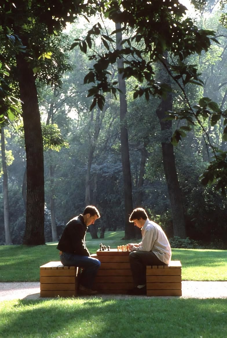 Two players deep in concentration over a chess board outdoors, dappled sunlight through the trees